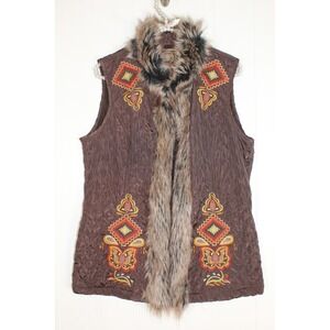 Double D ranch Brown Quilted Faux Fur Lined Embroidered Vest Size Medium